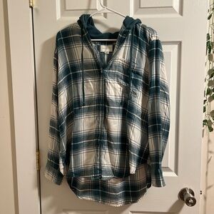 Green and White Plaid Flannel Hoodie